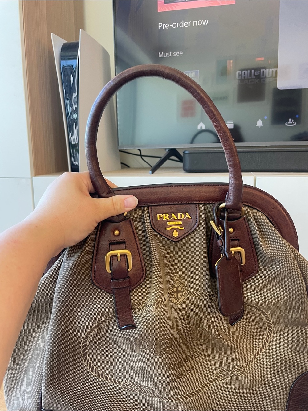 Prada Large Canapa Canvas Tote Brown Vitello Leather Trim Gold Hardware Italy - Picture 15 of 16
